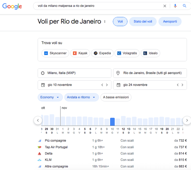Google Flights voli Milano Rio Janeiro con opzioni compagnie