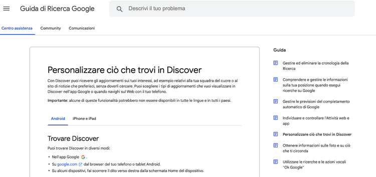 Guida ricerca Google: 'Personalizzare Discover' con argomenti