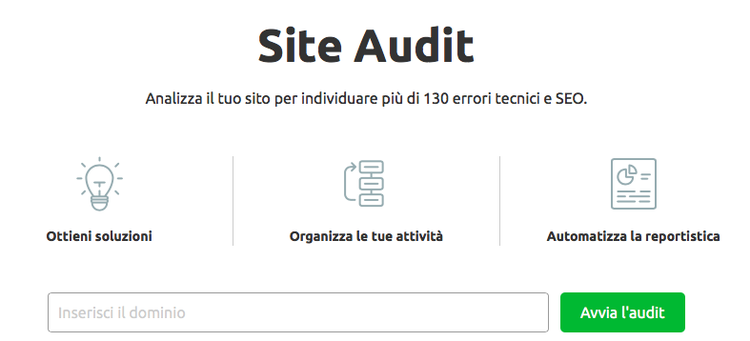 Interfaccia Site Audit di Semrush con campo per inserire il dominio e pulsante Avvia l'audit