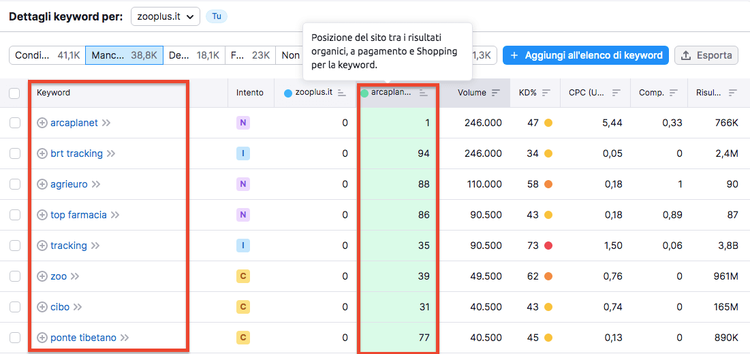 Risultati Keyword Gap tabella posizione intent volume CPC
