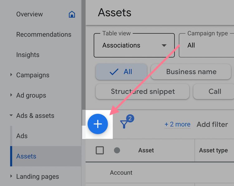 cliccare sull’icona blu del segno più in google ads
