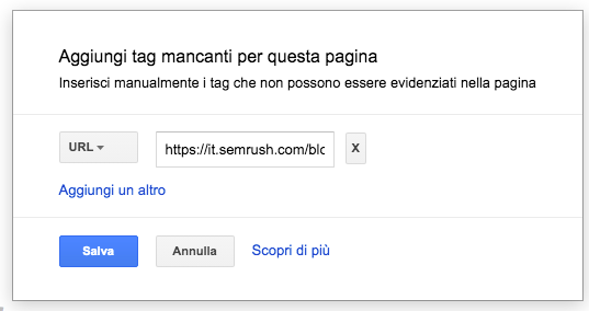 Form inserimento tag con campo URL d'esempio e opzione aggiungi