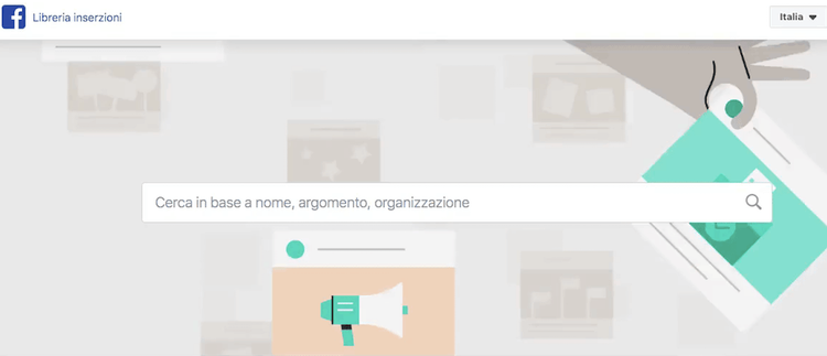La barra di ricerca delle inserzioni pubblicitarie di Facebook Ad Library