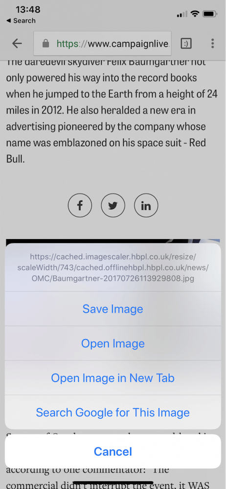 Menu iPhone opzioni immagine: Save, Open, Search Google