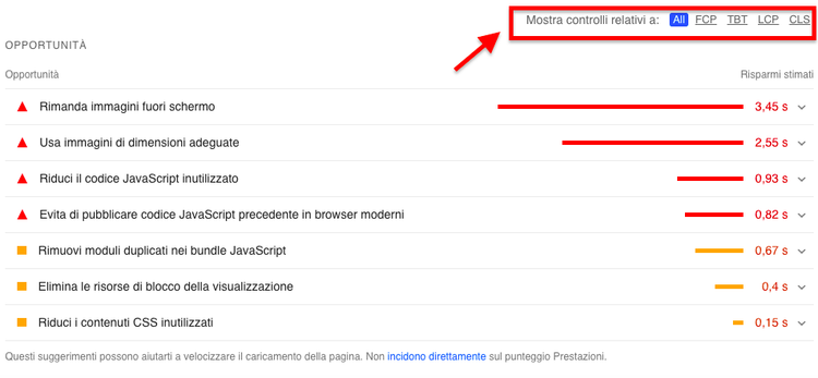 Report PageSpeed Insights con metriche opportunità e relativi valori