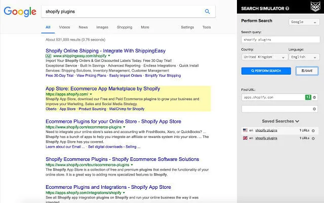 Google Search Simulator tool mostrando risultati 'shopify plugins' con pannello controllo