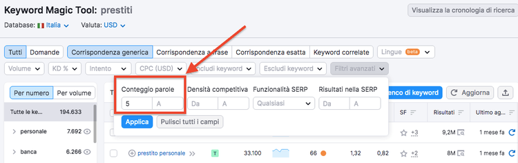 Keyword Magic Tool filtro numero parole cinque parole minimo
