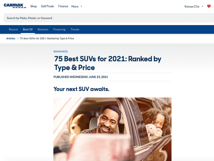 CarMax articolo '75 Best SUVs for 2021: Ranked'