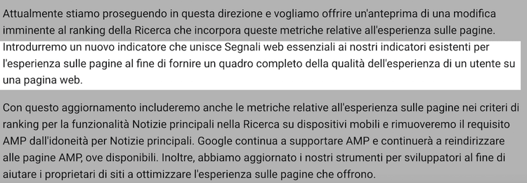 Testo metriche esperienza pagina ranking algoritmo Google