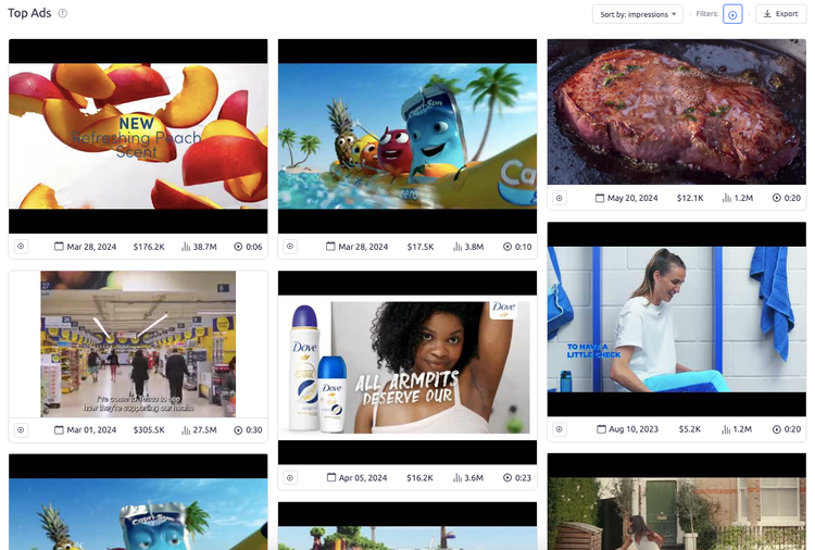 una visualizzazione a riquadri dei migliori annunci video di Tesco