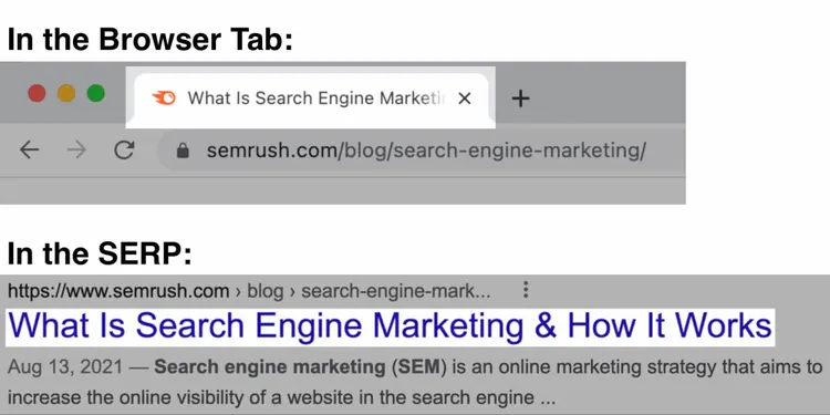 meta titolo nella scheda del browser e nella SERP