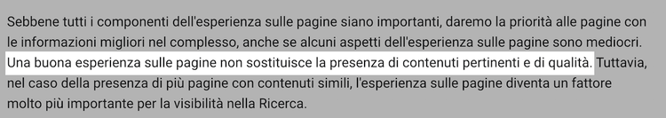 Testo importanza qualità contenuti esperienza pagina ranking