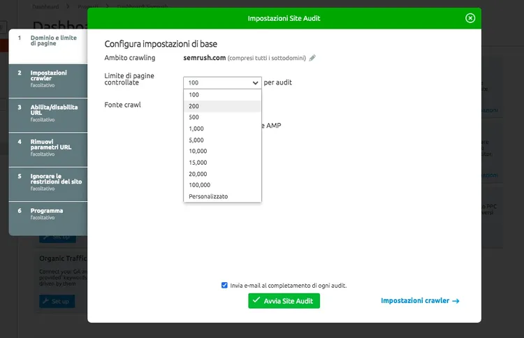 Site Audit dropdown menu showing page limit options from 100 to 100,000