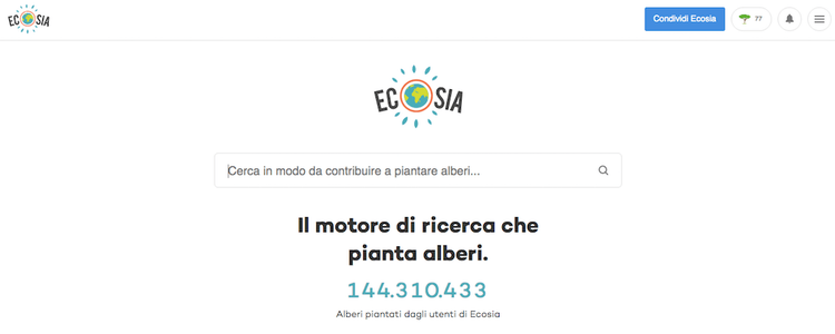 Ecosia: motore di ricerca homepage con logo e contatore alberi piantati (144 milioni)