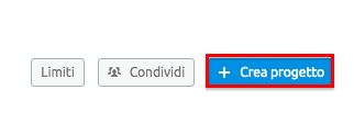 Semrush: pulsanti interfaccia 'Limiti', 'Condividi' e 'Crea progetto' blu