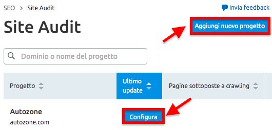 Dashboard Site Audit con pulsante Aggiungi nuovo progetto