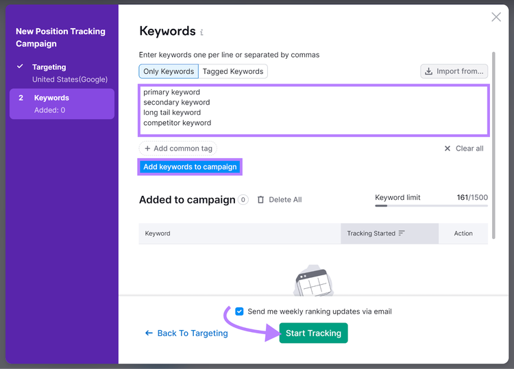 Aggiunta di parole chiave alla nuova campagna di Tracking della posizione con la freccia che punta al pulsante Avvia tracking