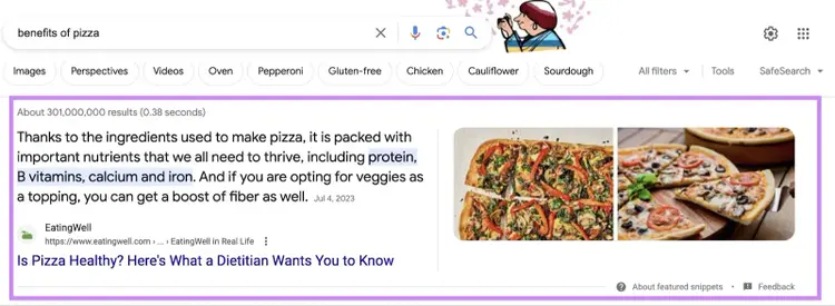 Uno snippet in primo piano su Google SERP per la query "vantaggi della pizza"