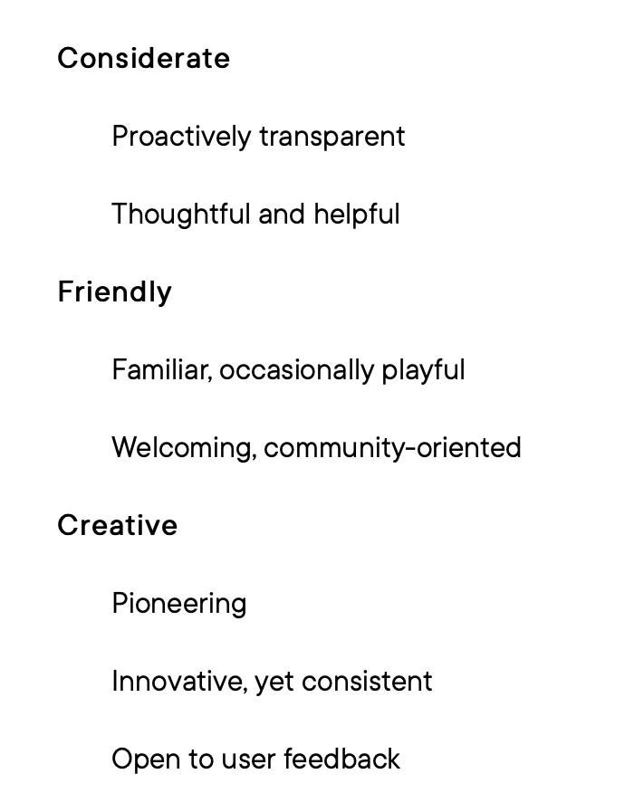 Elenco tone of voice: Considerate, Friendly, Creative con attributi