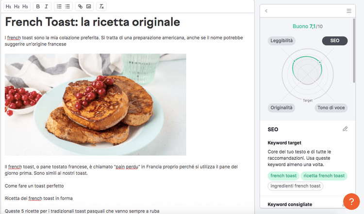 Editor ricetta French Toast leggibilità SEO keyword target