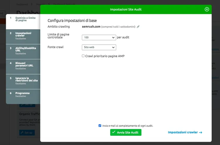 Site Audit impostazioni crawler dialog with crawl scope and domain settings