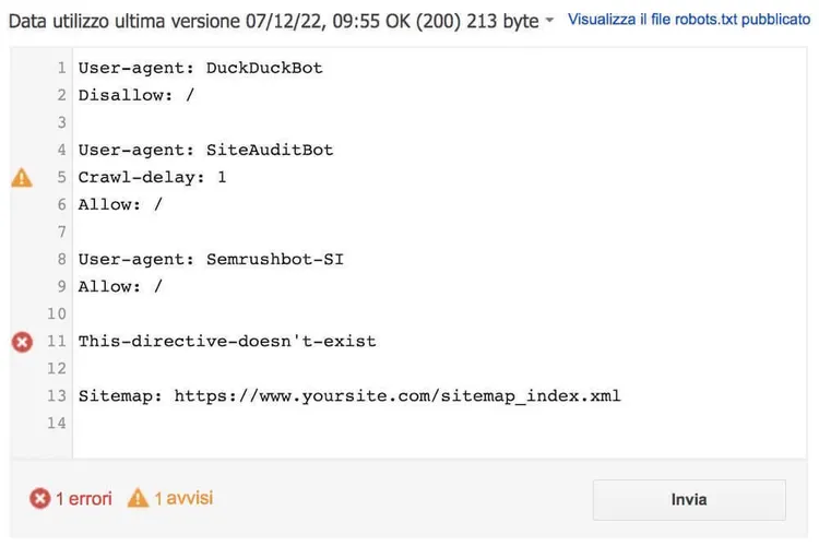 Editor robots.txt con codice file e indicatori errore avviso