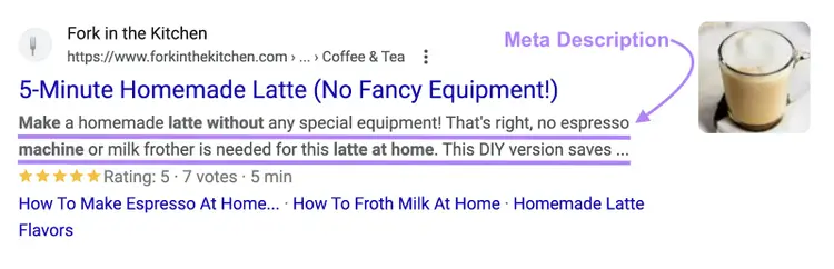 La meta descrizione dice: "Crea un latte fatto in casa senza bisogno di attrezzature speciali! Esatto, per questo latte macchiato a casa non è necessaria una macchina per l'espresso o un montalatte."