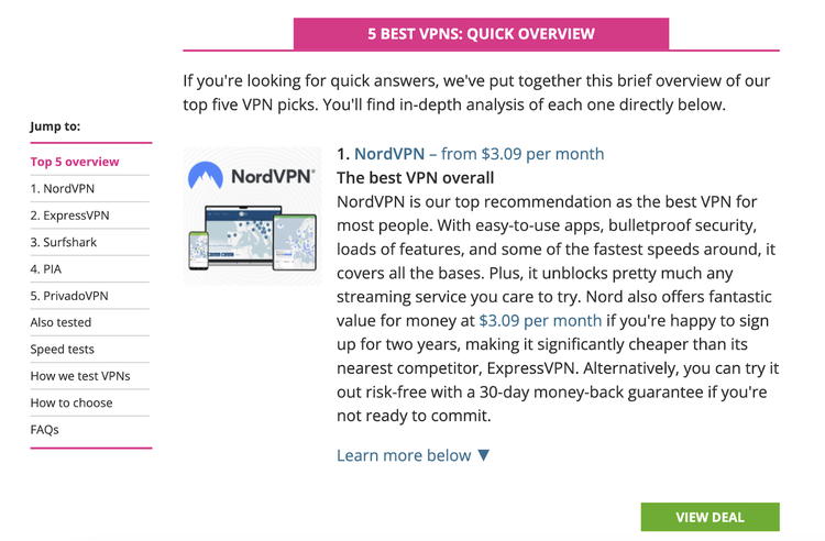 sezione dell'articolo mostra una panoramica delle migliori VPN