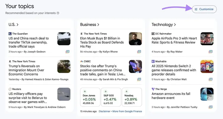 "I tuoi argomenti" su Google News con il pulsante "Personalizza" cliccato.