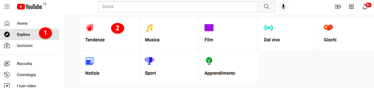 YouTube Explore: menu con Tendenze sezione