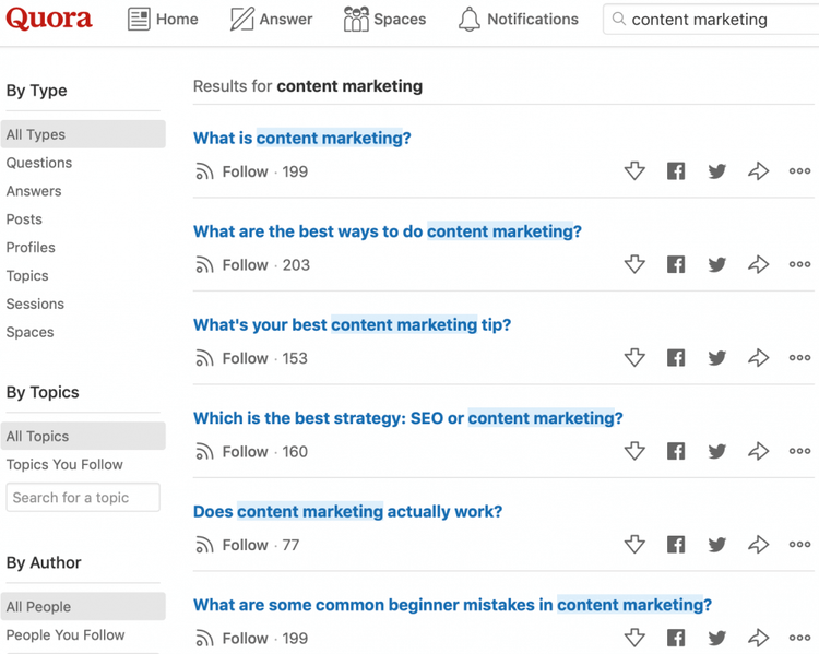 Quora risultati content marketing domande risposte forum
