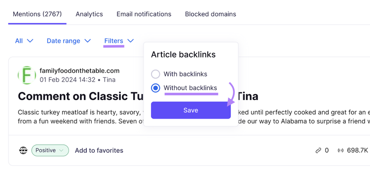 Filtro per gli articoli senza backlink nel report "Menzioni" dell'app Brand Monitoring