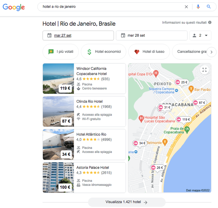 Google Hotels local pack Rio Janeiro con foto prezzi