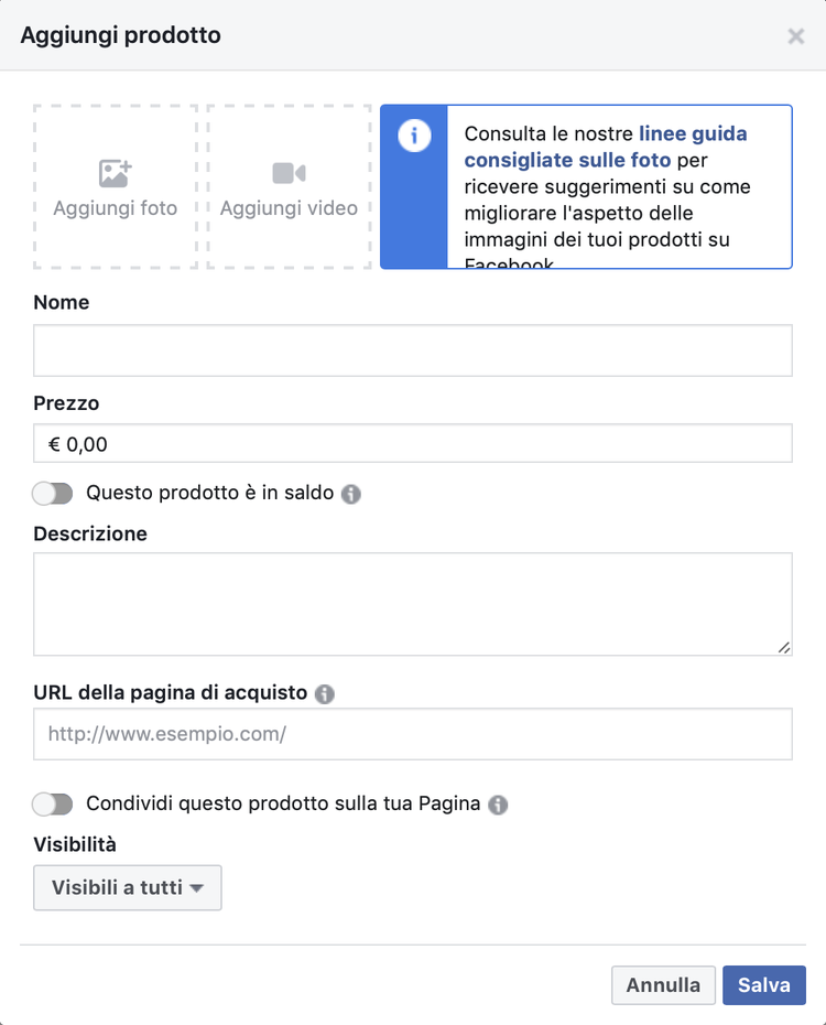 Aggiunta prodotto alla vetrina Facebook