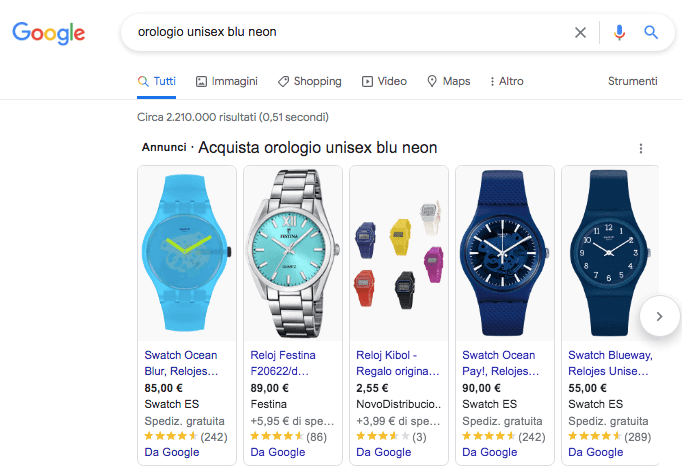 Google SERP orologio unisex blu neon con annunci shopping