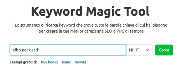 Keyword Magic Tool campo ricerca pulsante Cerca verde