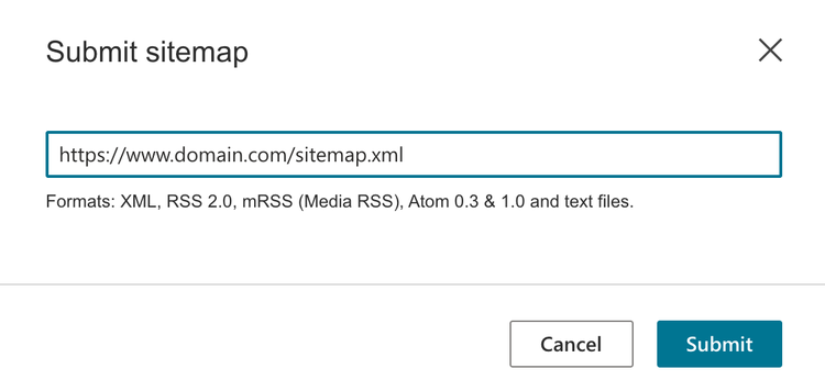 Dialog Bing Submit sitemap con URL e formati supportati