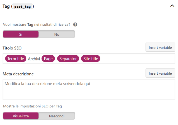 Yoast SEO Tag settings with title and description