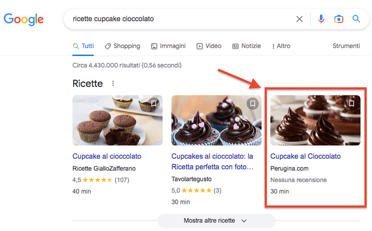Google ricette chocolate cupcakes rich snippet
