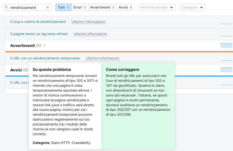 SEMrush rindirizamenti 301 302 307 problemi temporanei
