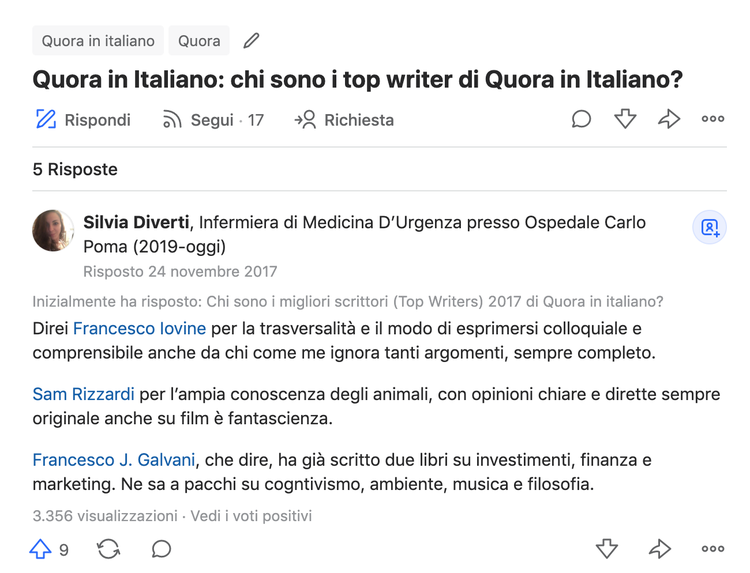 Quora discussione: top writer italiani con risposte e valutazioni