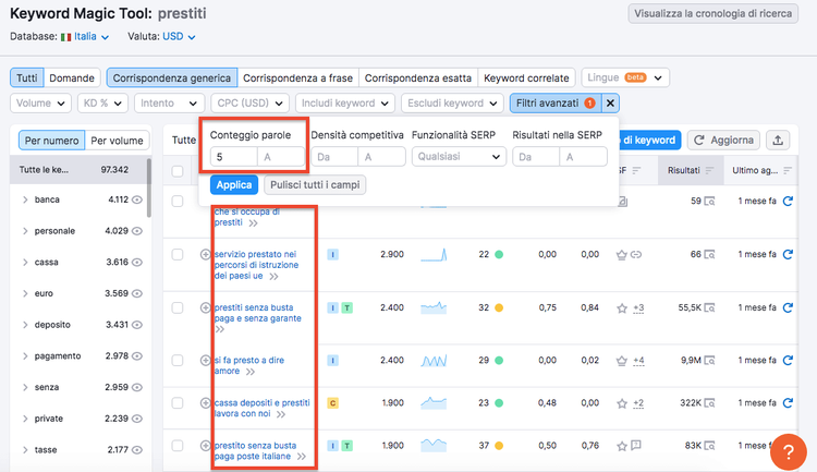Keyword Magic Tool prestiti 5+ parole filtro ricerca