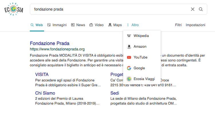 Ricerca Ecosia per 'fondazione prada' con risultati e menu navigazione