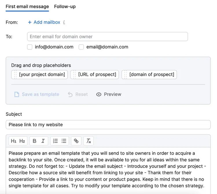 Un generatore di email aperto in Link Building Tool