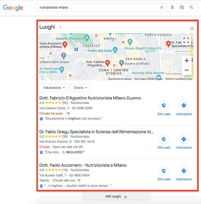 Google SERP nutrizionista Milano mostrando risultati e mappa