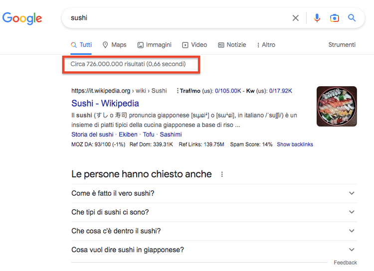 Risultati Google sushi 726 milioni conteggio search result