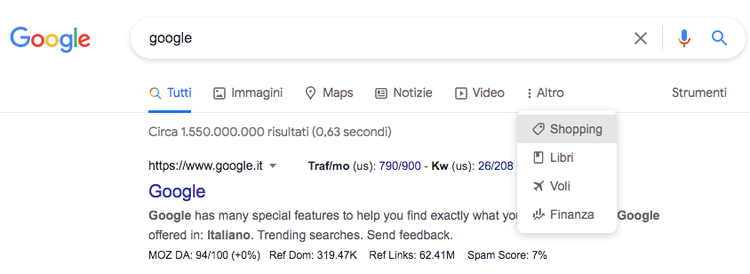 Risultati ricerca Google 'google': 1.55 miliardi risultati, primo google.it