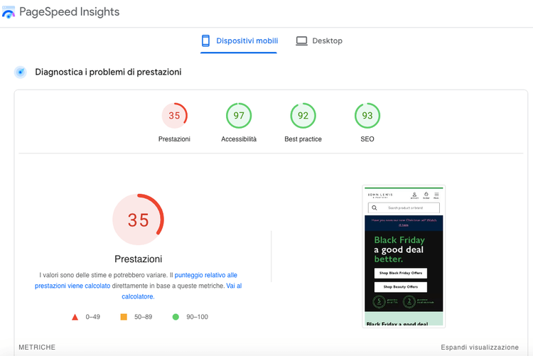 PageSpeed Insights: Performance 35, Accessibility 97, Best practice