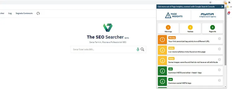 Extension SEO Searcher con interfaccia ricerca e pannello verifiche HTML/schema