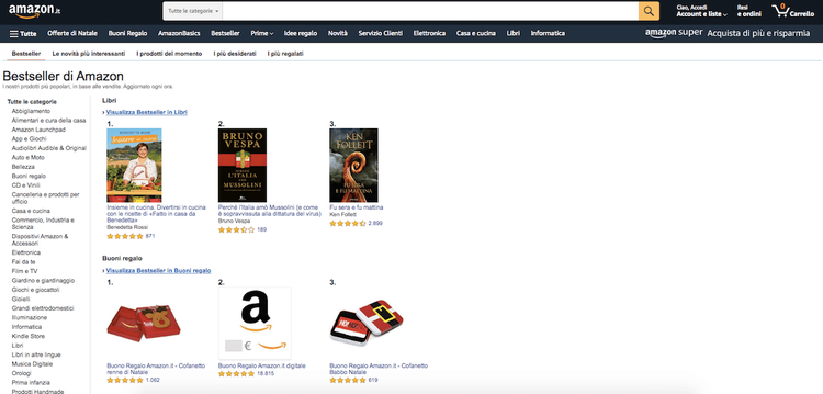 Pagina Amazon categoria Bestseller con navigazione laterale sinistro